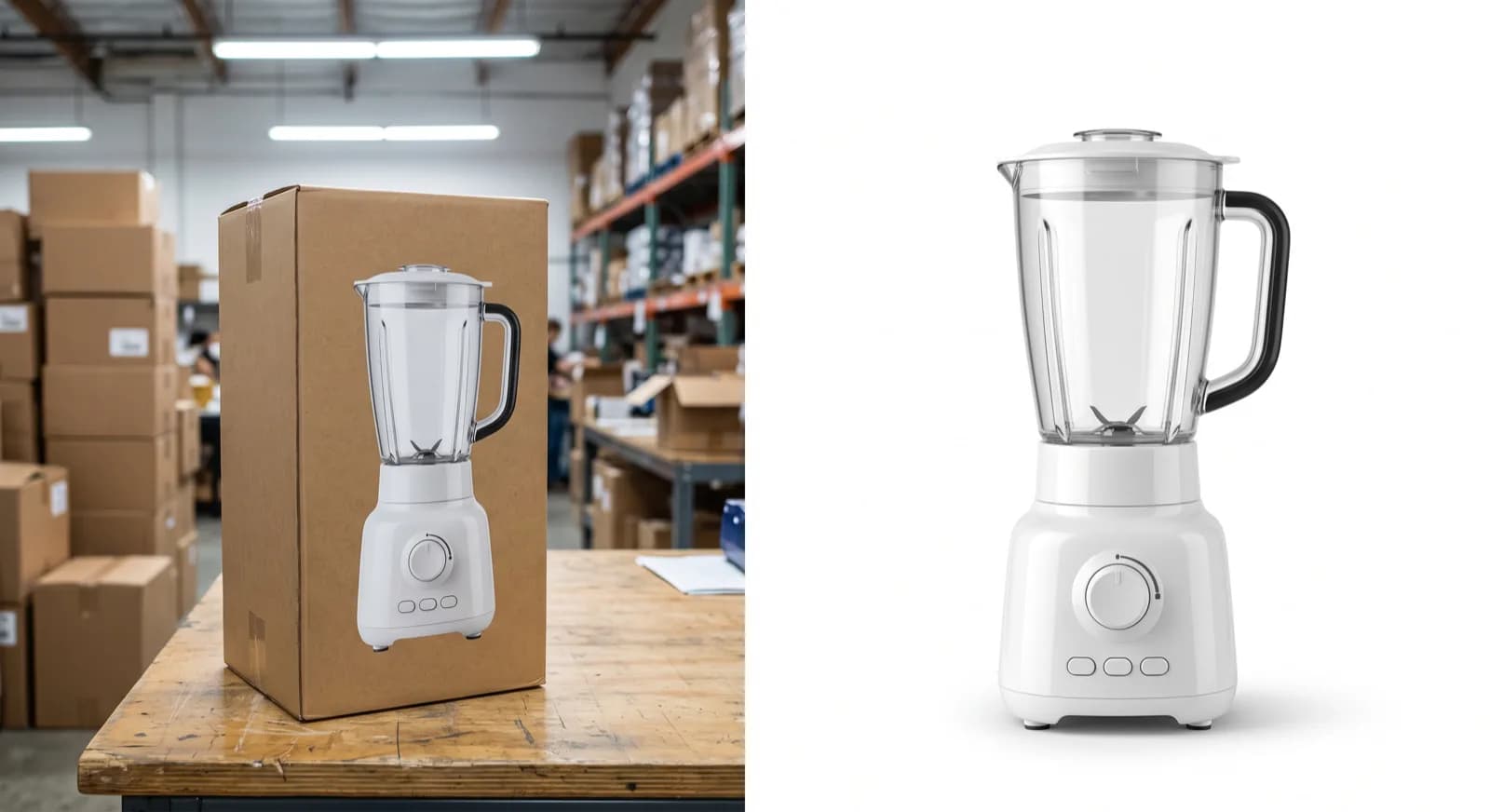 Links: Produktkarton auf dem Packtisch im Lager. Rechts: dasselbe Produkt freigestellt auf weißem Hintergrund.